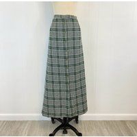 Vintage Plaid Maxi Skirt | 1970S High Waisted Gray & Green Polyester Size Medium | Etsy (US)