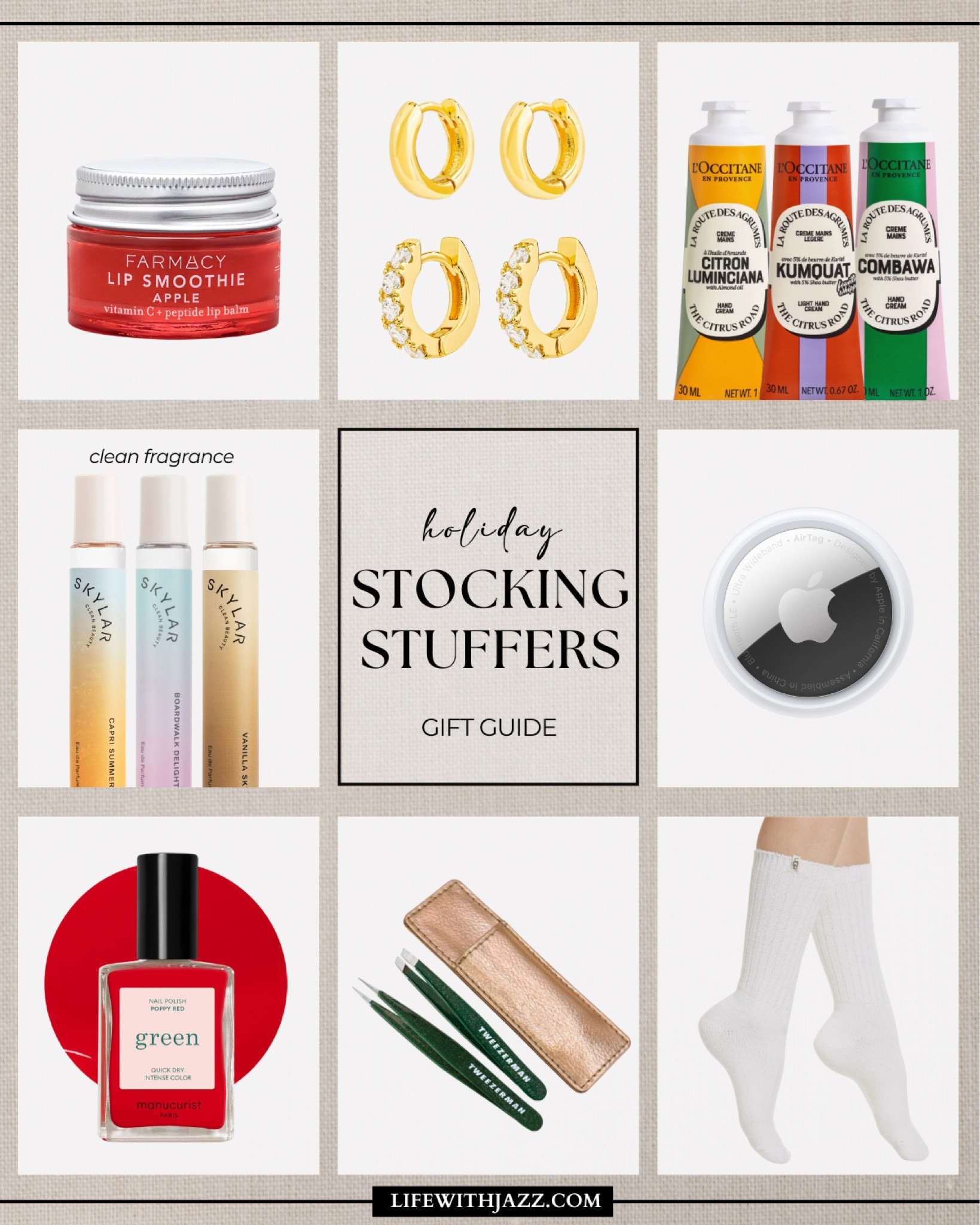 holiday gift guide: stocking stuffers 

Lip mask/ earrings / lotions / rollerball perfume / AirTag / regular nail polish / tweezers / socks / clean beauty / gifts for her 

#LTKFindsUnder50 #LTKHoliday #LTKGiftGuide
