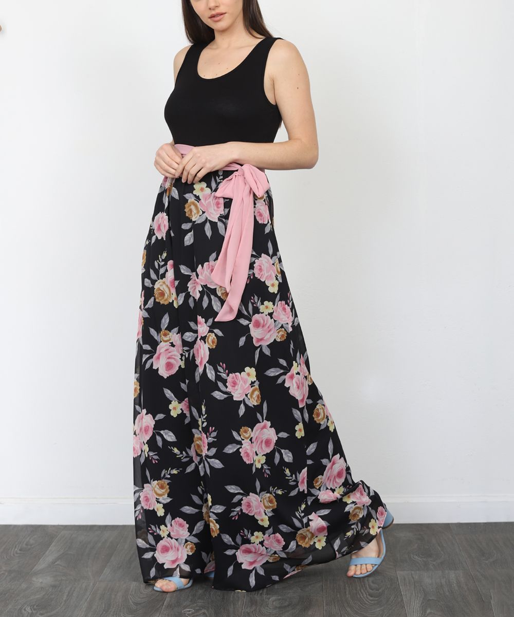 egs by eloges Women's Maxi Dresses BLACK - Black & Pink Floral Sash-Waist Maxi Dress - Women & Plus | Zulily