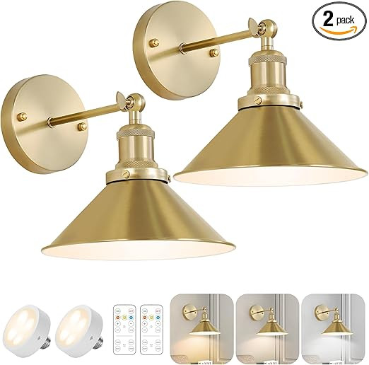 Gold Vintage Wireless Battery Operated Wall Sconces, Industrial Cordless Battery Powered Led Wall... | Amazon (US)
