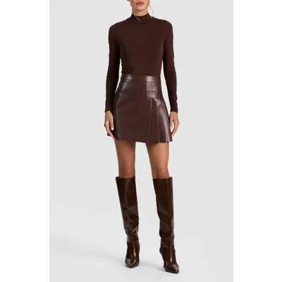 ALICE + OLIVIA Chara Faux Leather Mixed Media Mock Neck Minidress in Dark Chocolate at Nordstrom, Size 0 | Nordstrom