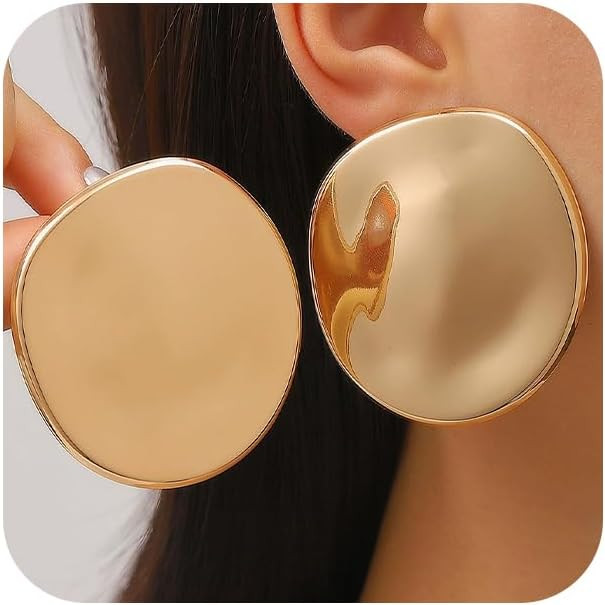 Simple Large Gold Polished Circle Coin Stud Earrings for Women, Statement Big Chunky Silver Exagg... | Amazon (US)