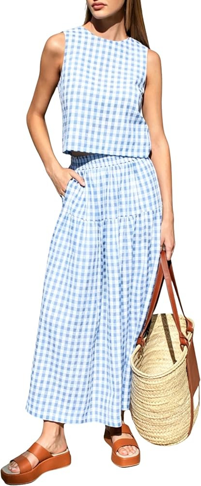 Amazon.com: QIBABU Womens Gingham 2 Piece Outfits Casual Sleeveless Crop Top and High Waisted Tie... | Amazon (US)
