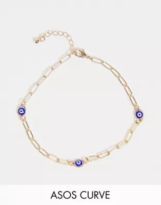 ASOS DESIGN Curve anklet with blue eye charms in gold tone | ASOS (Global)