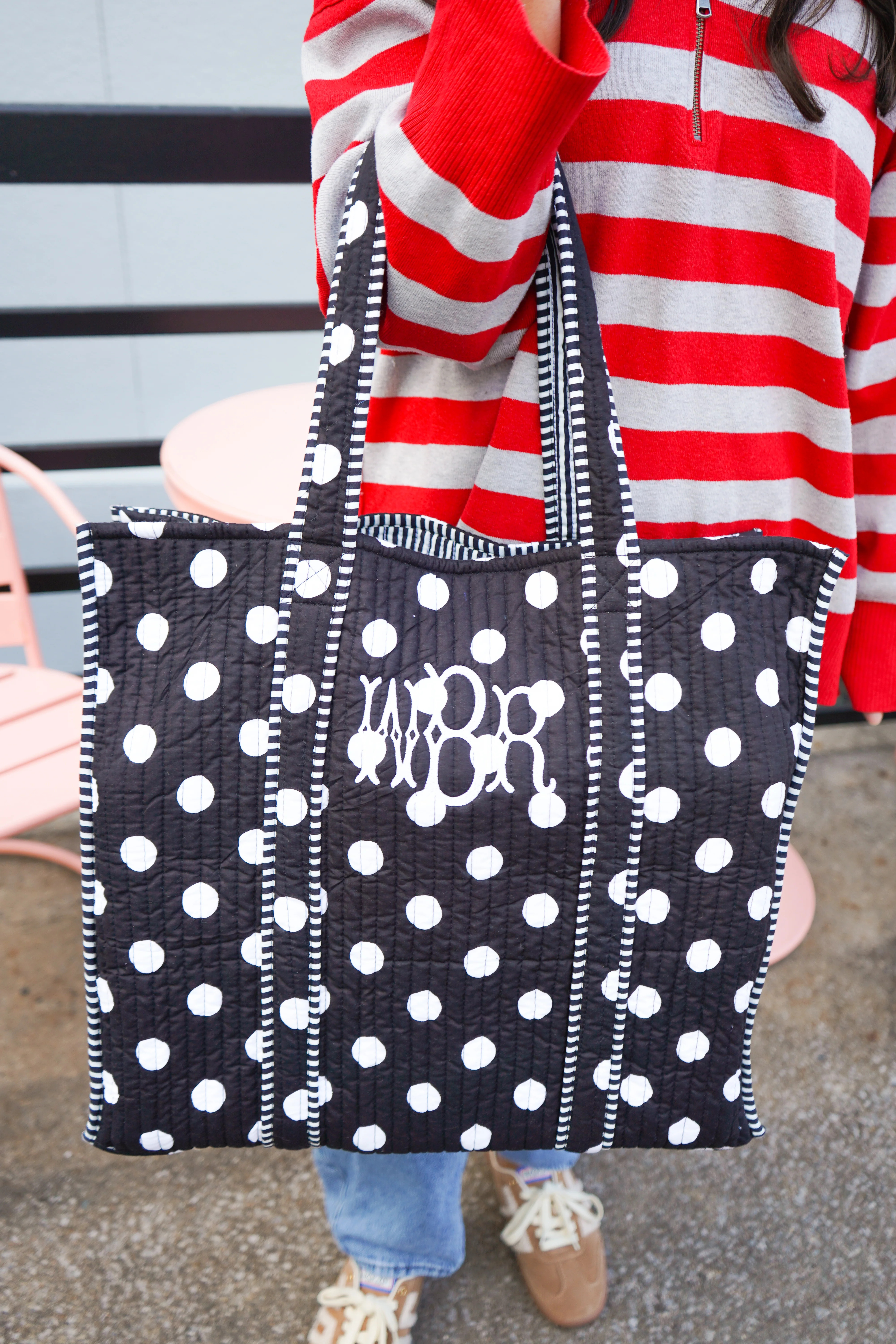 Quilted Block-Print Tote - Black Polka Dot | KenzKustomz