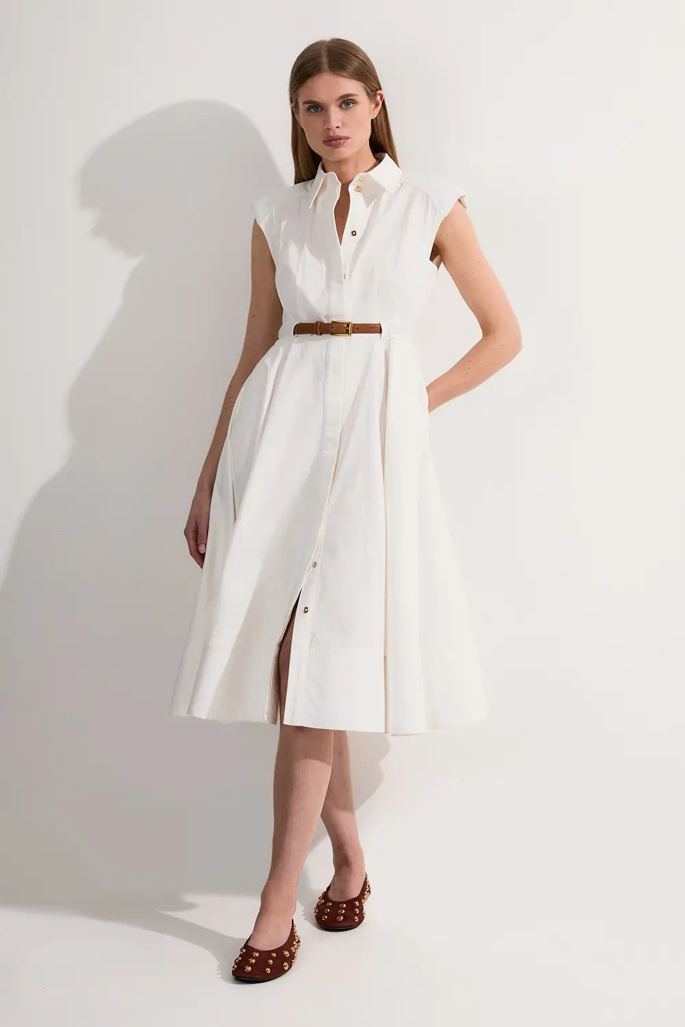 Tailored Cotton Belted Collared Full Midi Dress | Karen Millen US