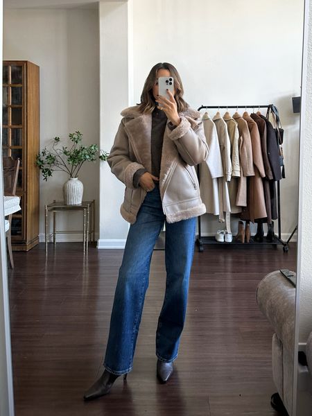 Fall outfit / shearling jacket + wide leg jeans + boots 

Jacket xs 
Jeans size down one (usually in size down two at Madewell!) wearing 24 standard 

#LTKxMadewell
