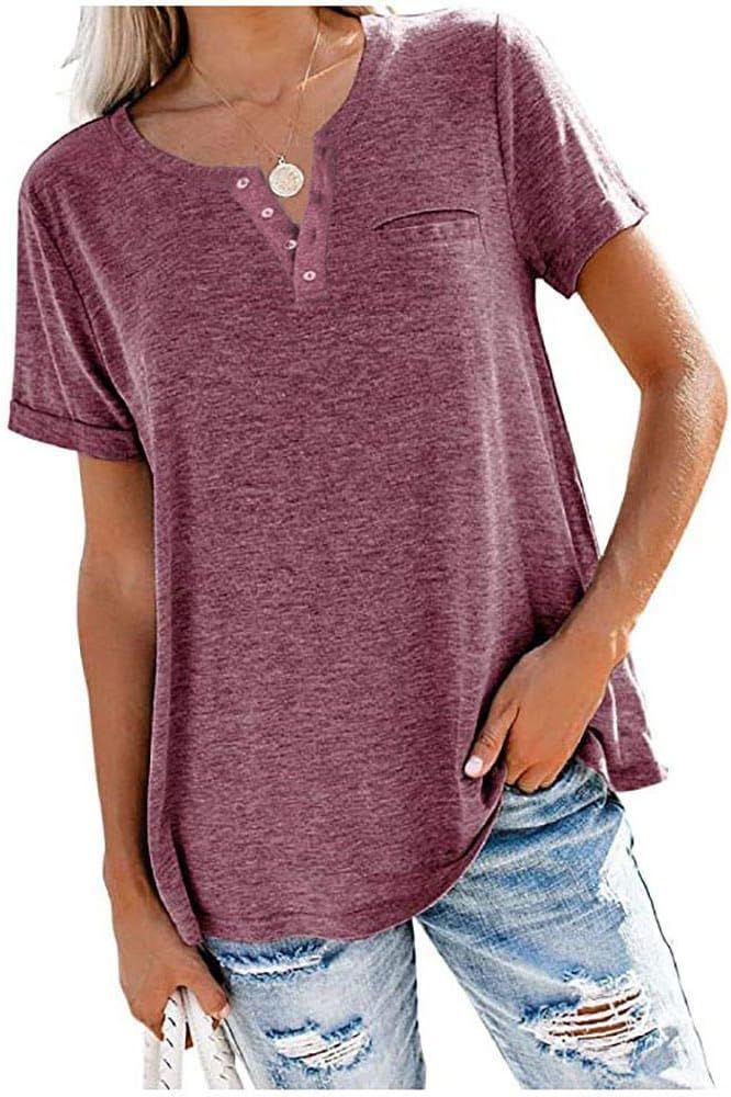 MAKARTHY Womens Henley Shirt Casual Tees Blouses Khaki Button Down Tees | Amazon (US)