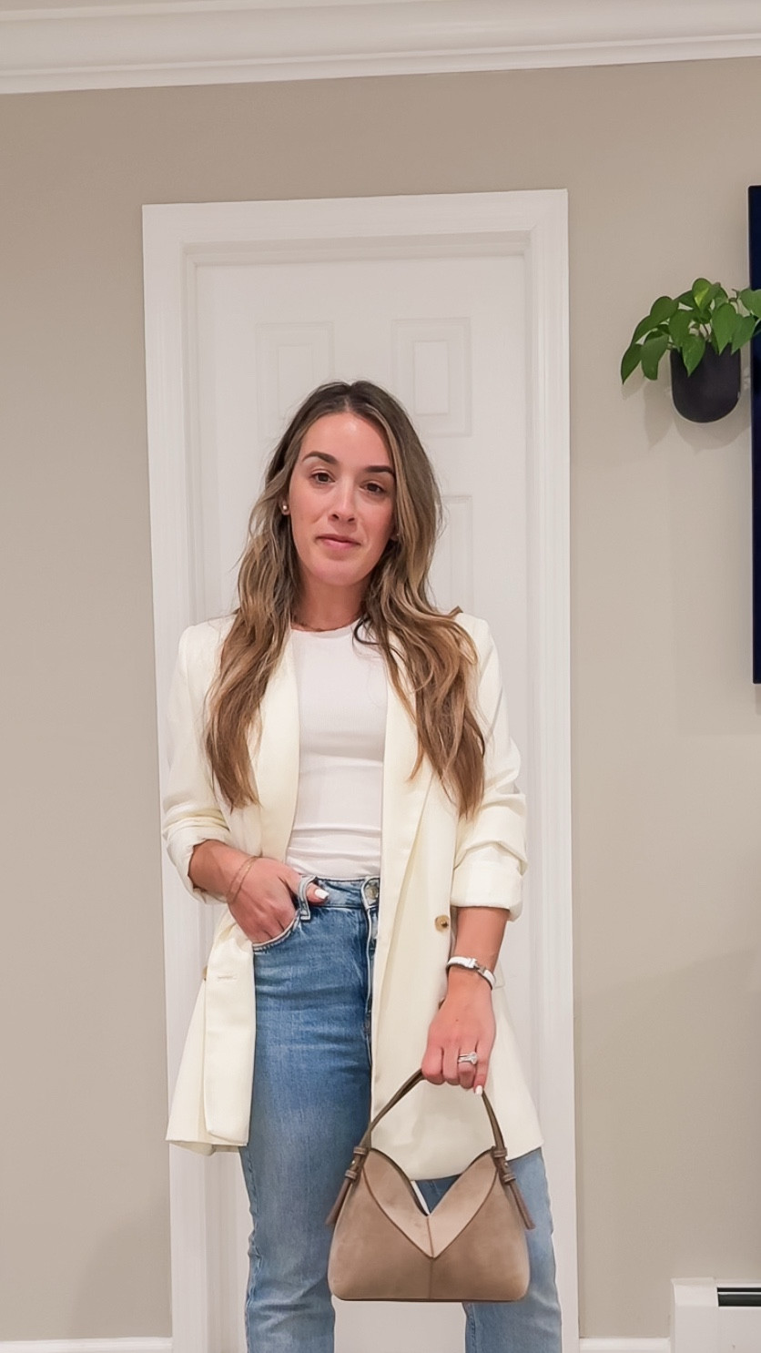 Date night . Simple yet elevated 
Tee: s (looser fit) it's a ribbed tee that I wear with everything. So comfy! I wear both xs and small depending on the look
Jeans (old Zara) not linked 
Blazer: xs
Similar nude heels tagged 
#minimaliststyle #effortlesslook

#LTKPetite #LTKWorkwear #LTKootd