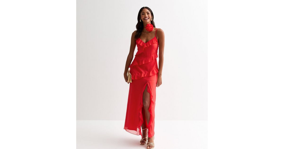 Red Ruffle-Trim Strappy Midi Dress | New Look | New Look (UK)