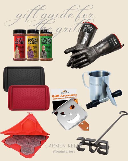 Gift guide for the grilling person. 
BBQ rubs, spatula, grilling prep and serving trays, burger press and freezer container, monogrammed branding iron for steak, buns, wood and leather, heat resistant gloves, Sauce Pot and Basting Brush Set
Amazon, Cuisinart 

#LTKGiftGuide #LTKmens #LTKHoliday