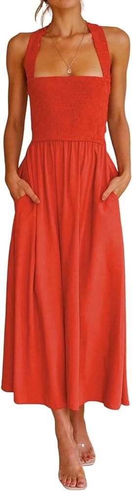 CHARTOU Women Sexy Spaghetti Strap Cut Out Smocked Dress Party Backless Flowy Midi Dress with Poc... | Amazon (US)