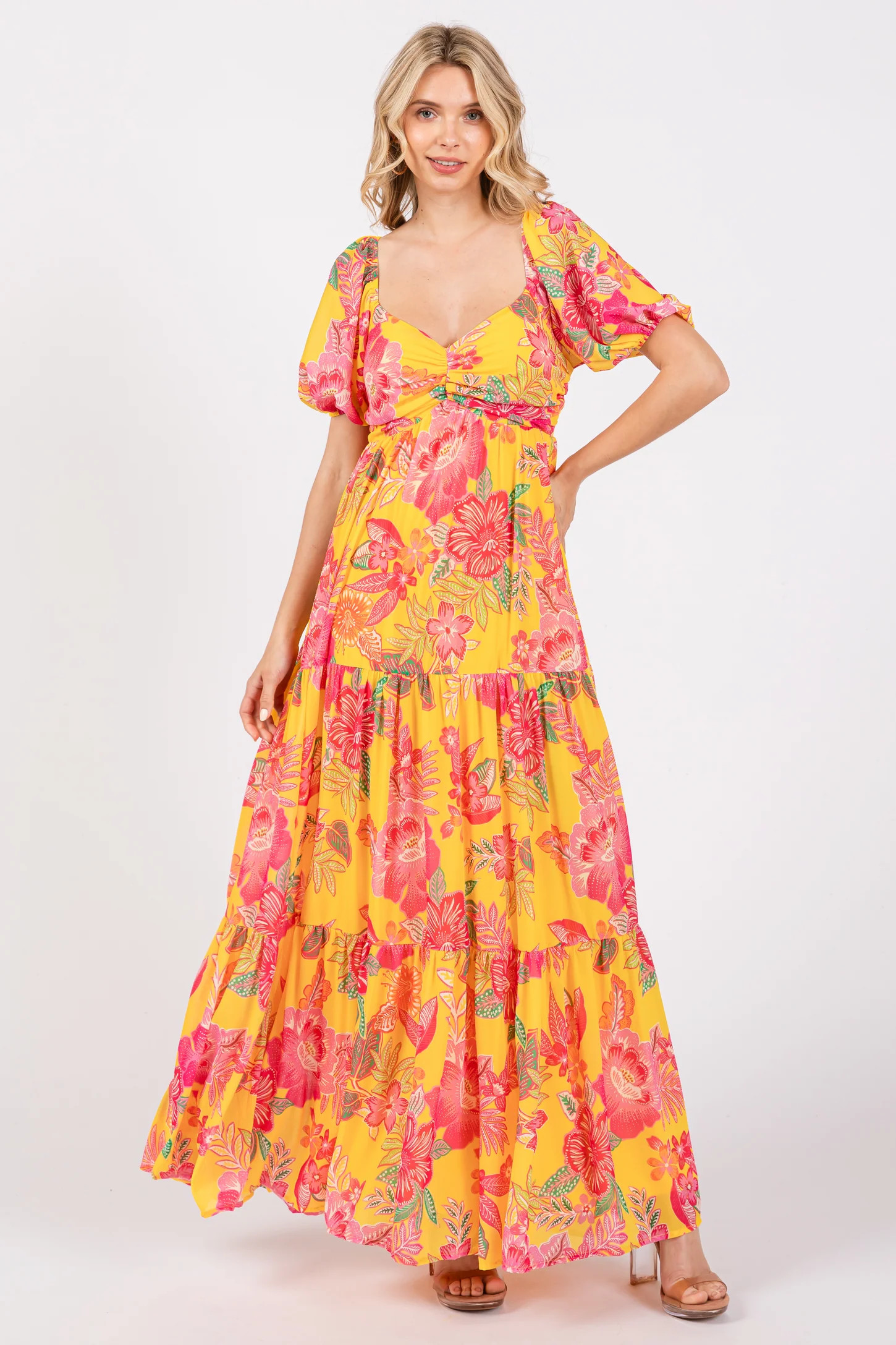 Yellow Floral Sweetheart Neck Tiered Maxi Dress | PinkBlush Maternity