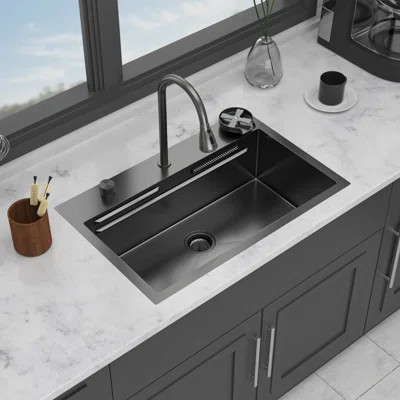 Gunmetal Black Kitchen Sink Stainless Steel, Elegant Waterfall Design And Functional Workstation - Perfect For Modern Kitchens | Wayfair North America