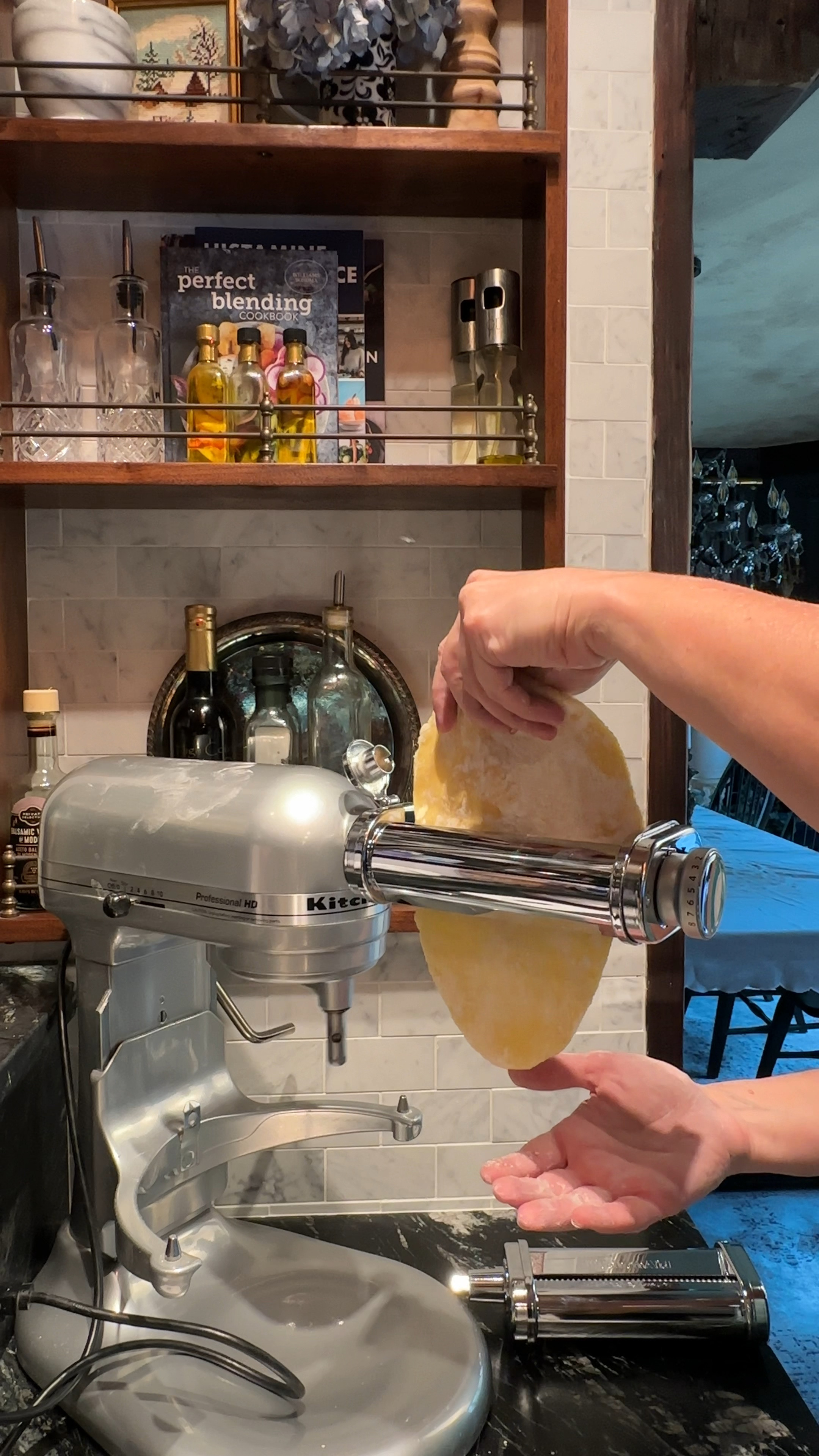 Making Fresh pasta?  Yes please!⬇️
2 cups OO flour & a dash of salt in your mixer with the paddle.  Then drizzle a whisked mixture in with machine on 2: 2 tblsp water, 2 tblsp olive oil, 2 yolks and two eggs.  knead for four minutes then feed 1/3 dough ball  through the attachments… we do setting 1, 4, 6 on flat attachment then run it through the spaghetti attachment.  Boil 1-5 minutes depending on size.  Prepare as usual and serve!#LTKhome 

#LTKVideo #LTKSeasonal