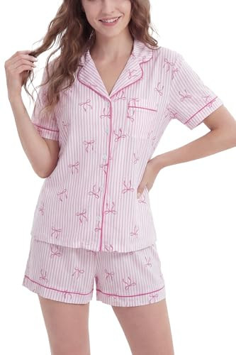 LUBOT 100% Cotton Pajamas for Women PJ Set with Pockets Ladies Soft Button-Down Short Sleeve 2 Piece Knit Summer Printed Pattern Night Suit Sleepwear Loungewear (Pink Bow, S) | Amazon (US)