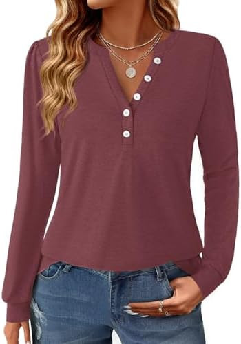 Women's Puff Long Sleeve Tunic V Neck Button Blouses Fall Tops Trendy Dressy Casual Business Henl... | Amazon (US)