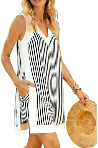APAFES Women's Striped V Neck Two Piece Sets Tank Top Shorts Set Loose Fit Summer Casual Beach We... | Amazon (US)