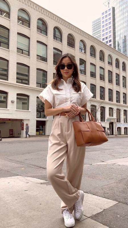 OOTD: Old Money Aesthetic outfit with cropped button down with trousers and sneakers with brown tote bag and belt. 

#LTKitbag #LTKworkwear #LTKSeasonal
