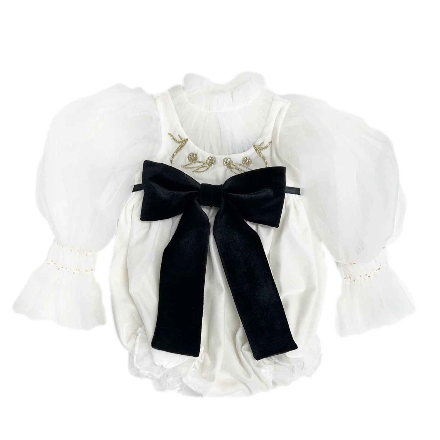 Aurora Ivory Velour Romper with Tulle Puff Sleeves | petite maison kids