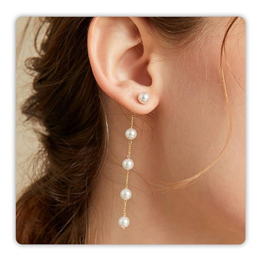 Pearl Earrings for Women, 14k Gold Pearl Drop Dangle Earrings White Adjustable Dainty Boho Pearl ... | Amazon (US)