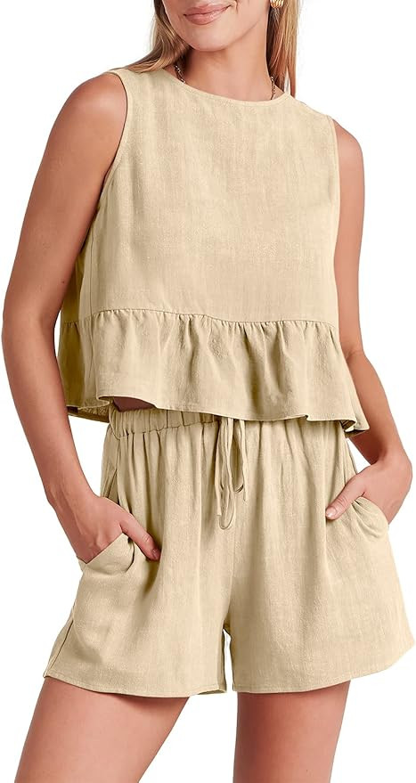 ANRABESS Women’s Summer 2 Piece Outfits Shorts Sets Sleeveless Ruffle Crop Top Tank and Drawstr... | Amazon (US)