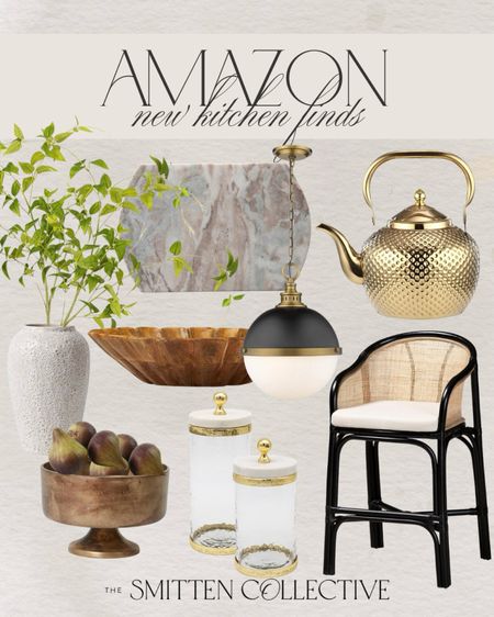 New Amazon kitchen decor finds! Including these black and cane bar stools, gold teapot, decorative canisters, marble cutting board, wood bowl, pendant lighting, and island decor!

#LTKSaleAlert #LTKHome #LTKFindsUnder50