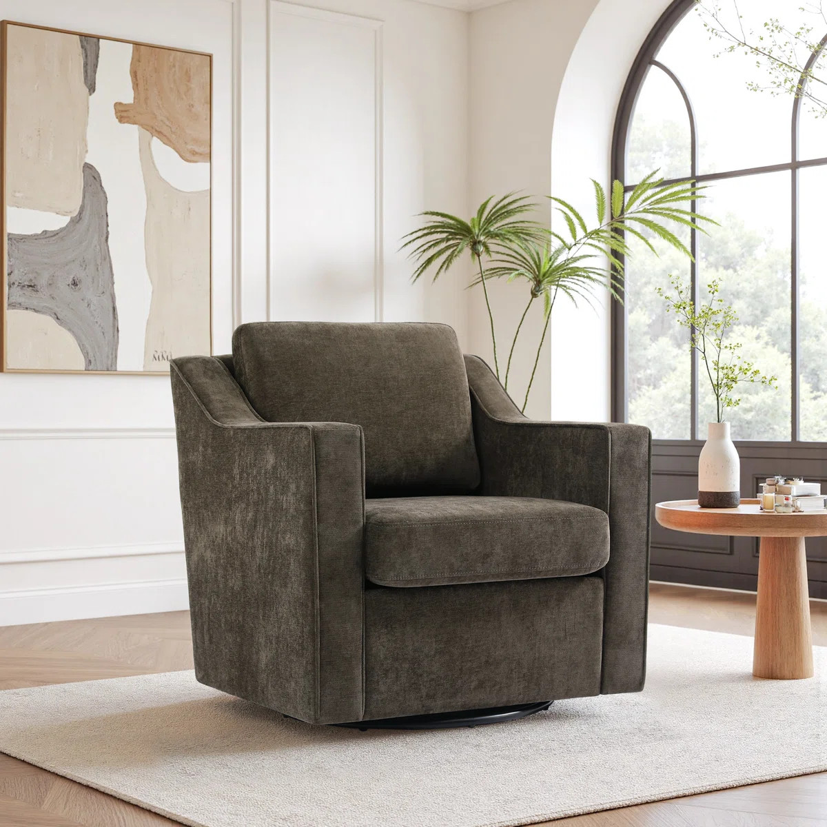 Bronnen Big And Wide Upholstered Light Coffee Cushion Swivel Armchair with Removable Back and Sea... | Wayfair North America