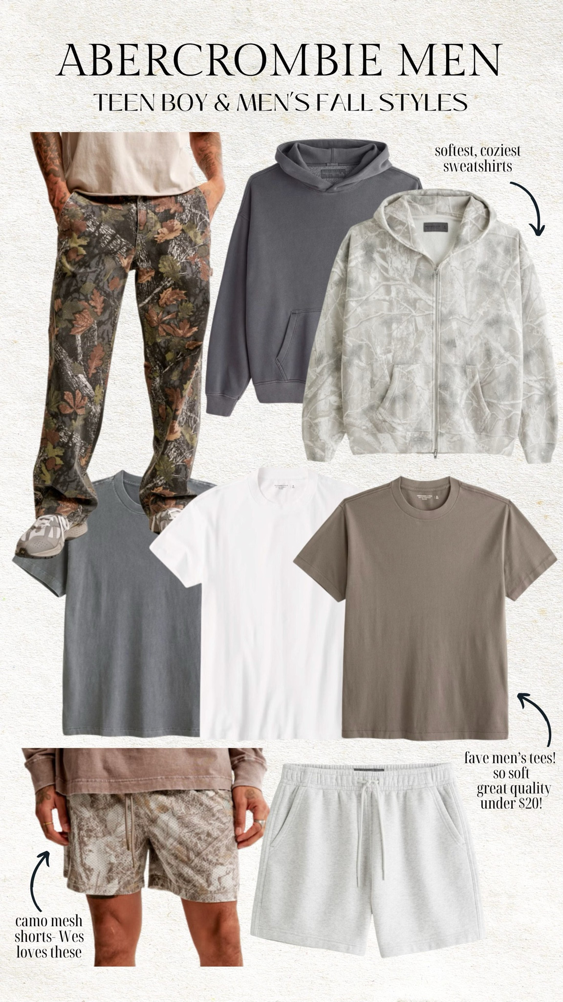 On sale- 15% off! Abercrombie men - teen boy and men’s outfits for fall 🤍 these men’s essential tees are our favorite t-shirts! Both Cody and Wes have a bunch of colors - they are super soft, thick and great quality. They come in a bunch of colors & are under $20!  My teenage son is loving these camo mesh shorts he got back to school clothes shopping 

Abercrombie sale, Abercrombie men, men’s tee, men’s sweatshirt, camo pants, camo shorts, men’s shorts; men’s pants, men’s hoodie, basic tee, teen boy school clothes, teen boy outfits, school clothes, Christine Andrew 

#LTKBacktoSchool #LTKMens #LTKSaleAlert