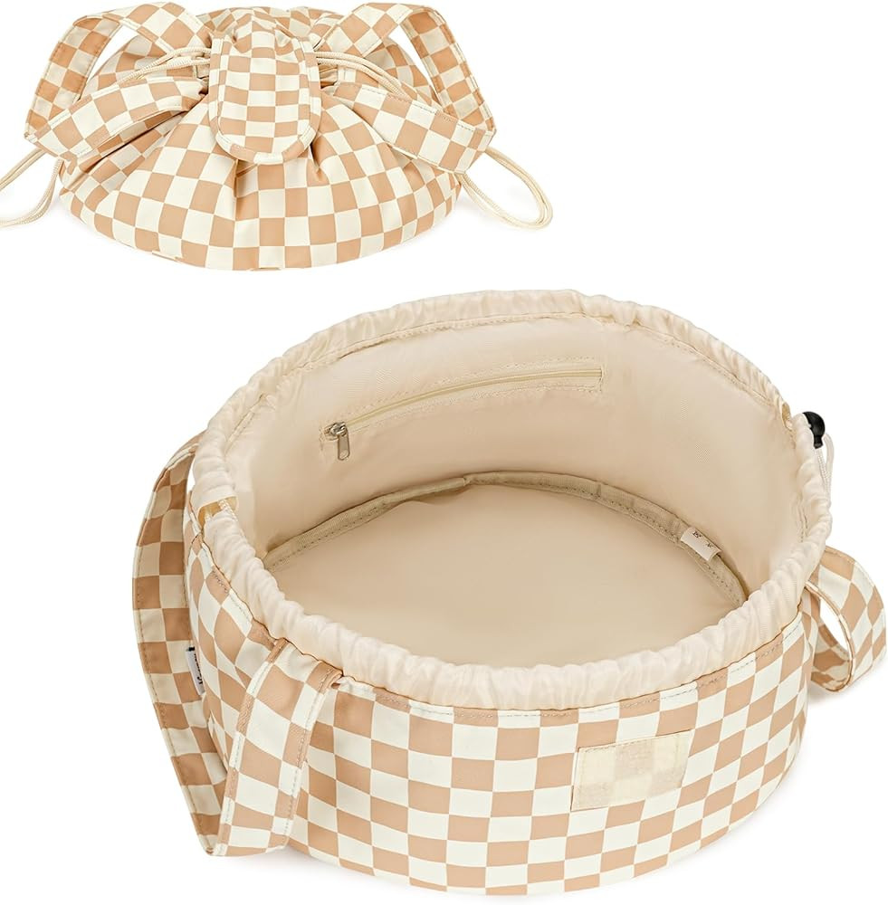 Narwey Barrel Drawstring Checkered Makeup Bag Large Cosmetic Bag Make up Bags Toiletry Bag Travel... | Amazon (US)