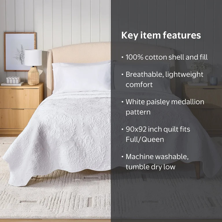 Better Homes & Gardens Paisley Medallion Cotton Quilt, Full/Queen, White | Walmart (US)