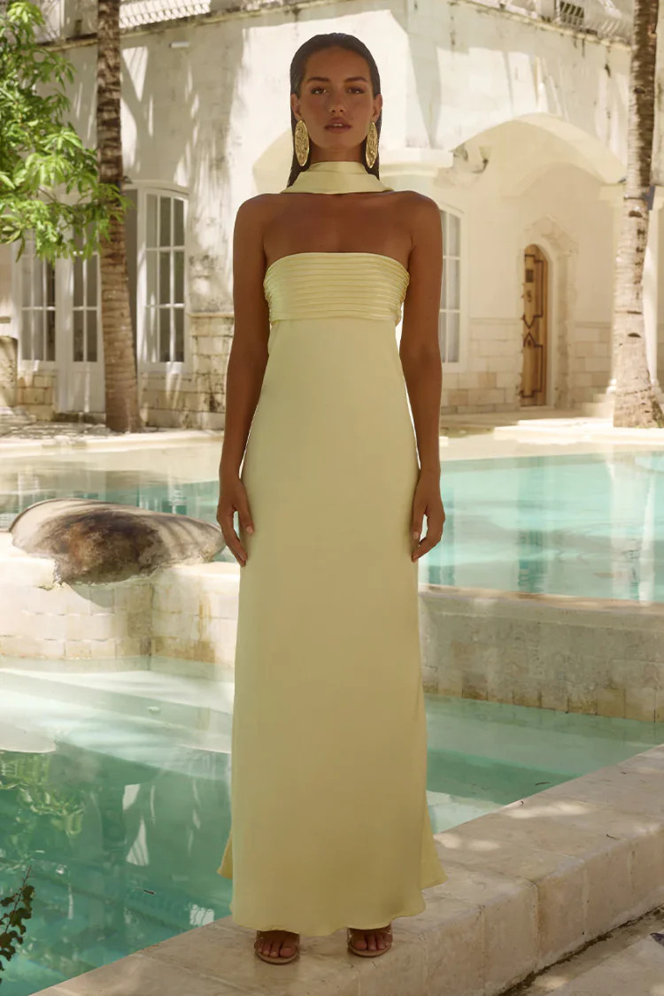 Pre-Order - Elsa Butter Yellow Maxi Dress with Neck Scarf - 5/7 | Confête