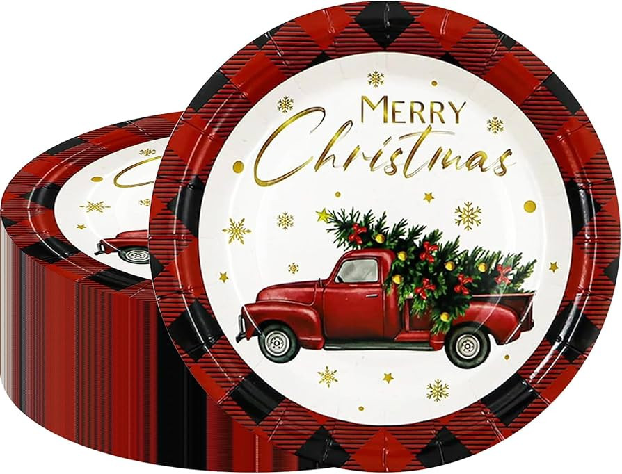 50 PCS Christmas Paper Plates, 7'' Christmas Party Plates, Disposable Red Truck Tree Design Merry... | Amazon (US)