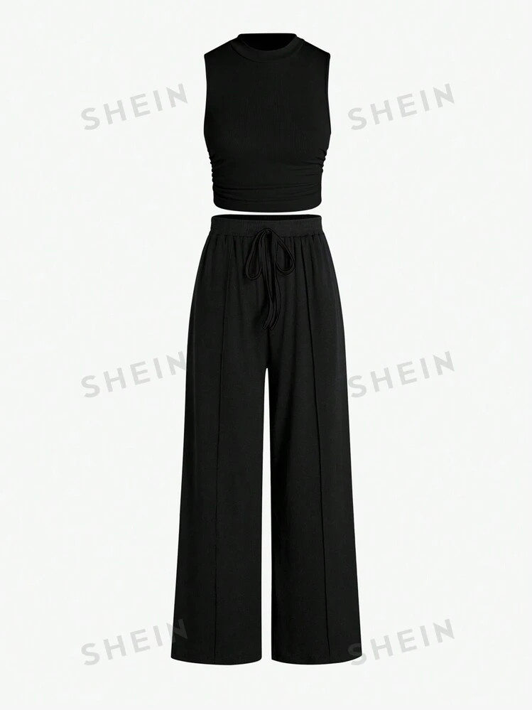 SHEIN Relaxiva 2pcs Women Set: Sleeveless Round Neck Top And Casual Drawstring Wide Leg Pants | SHEIN