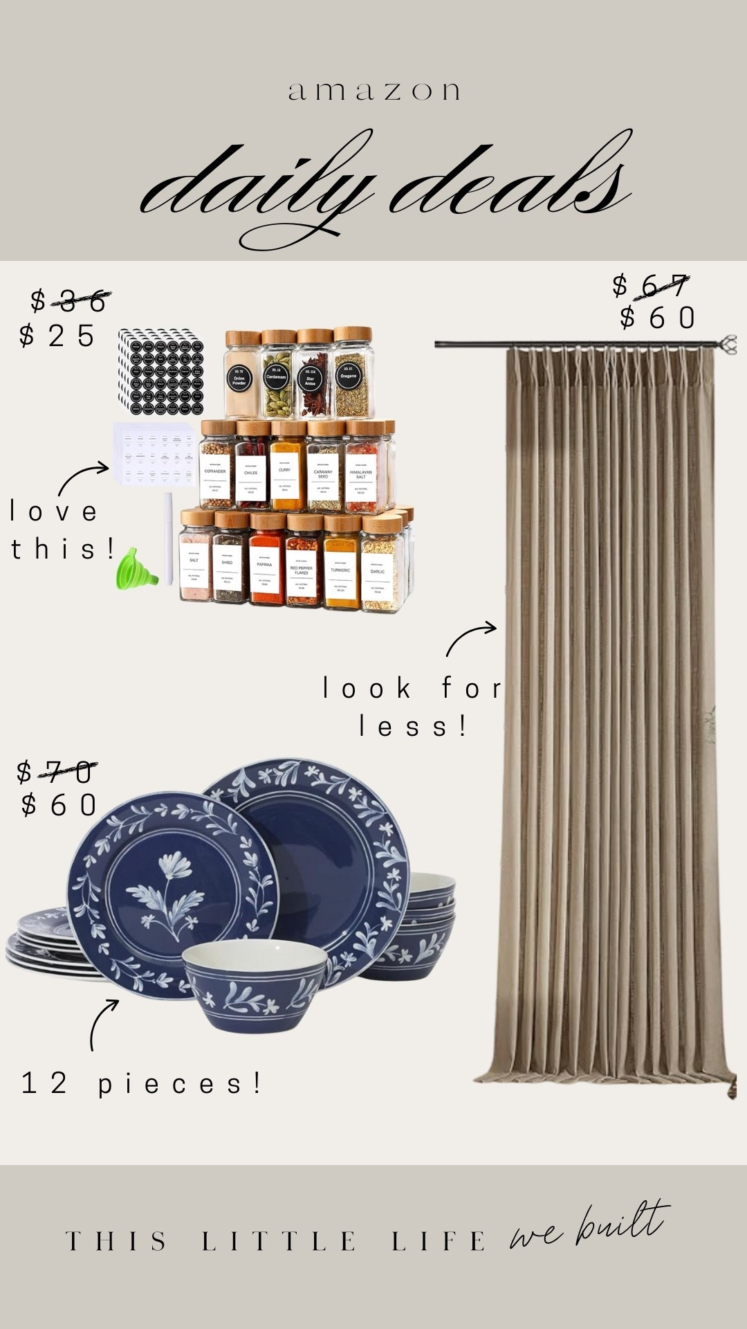 Amazon daily deals! 


Curtains, plates, spice containers, organization, kitchen finds, Amazon home, curtains, decor 

#LTKU #LTKSaleAlert #LTKHome