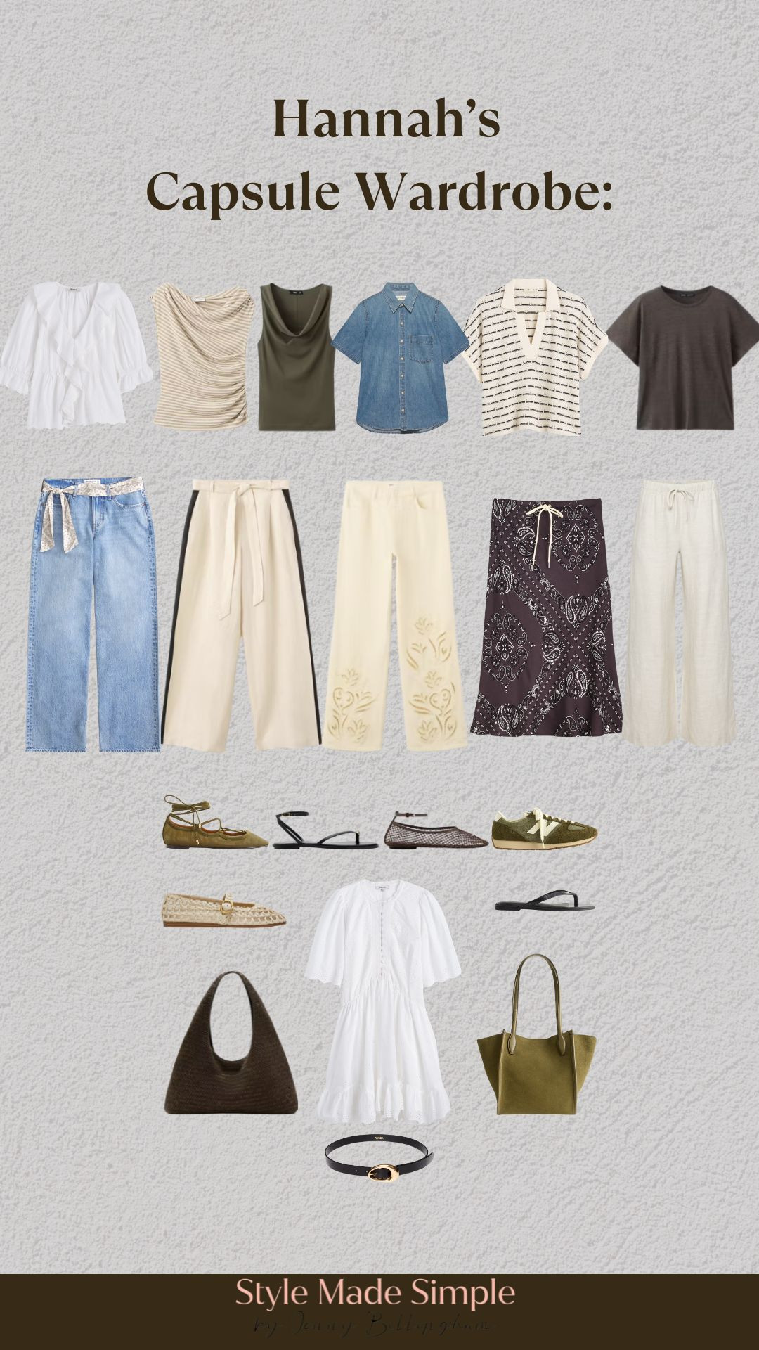 Hannah wanted a wardrobe that felt effortlessly feminine, a little boho, and easy to wear on repeat—without having to think so hard about what goes together.

So I built her a custom capsule wardrobe with 20 versatile pieces that mix and match seamlessly into 20+ outfit combinations.

Think earthy neutrals, relaxed silhouettes, elevated basics, and timeless pieces that make getting dressed feel easy.

This is exactly why I love capsule wardrobes: fewer pieces, more outfits, and a closet that actually works together.

✨ 20 pieces
✨ 20+ outfits
✨ Endless combinations



Want one created just for you? Book yours here: https://stylemadesimplebyjenny.com/



custom capsule wardrobe | summer capsule wardrobe | boho style | neutral outfits | capsule wardrobe for women | effortless style | personal stylist | elevated casual outfits | feminine style | wardrobe essentials | chic everyday outfits | outfit ideas for women | travel capsule wardrobe 

 