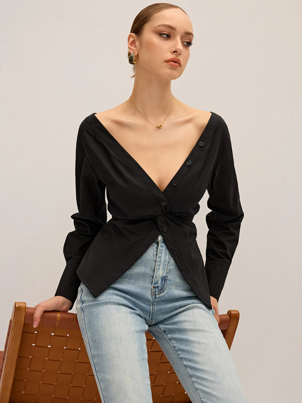 Twisted Front Deep V-Neck Shirt | Commense