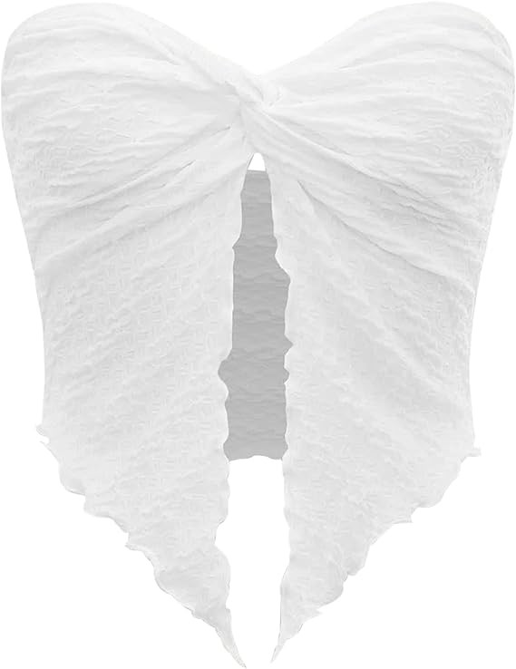 MISSACTIVER Women Twist Knot Front Texture Bandeau Top Sexy Strapless Sleeveless Split Hem Lettuc... | Amazon (US)