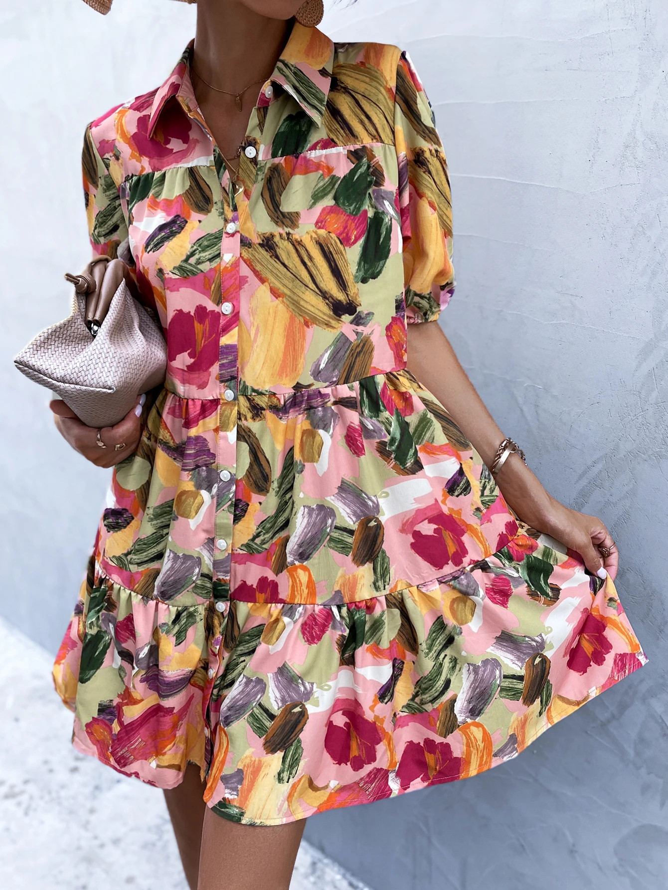 Brush Print Puff Sleeve Smock Dress | SHEIN