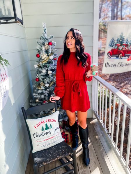 Under $45 amazon chenille tie front sweater dress (wearing a small, comes in 13 colors) this is super soft and would be perfect for the holidays or Christmas parties! $36 amazon black western knee high boots on sale! (Comes in 4 colors, runs tts)— a perfect look for winter! 🎄❄️ #founditonamazon 

#LTKunder50 #LTKHoliday #LTKCyberweek
