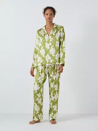 John Lewis Floral Silk Shirt Pyjama Set, Green | John Lewis (UK)