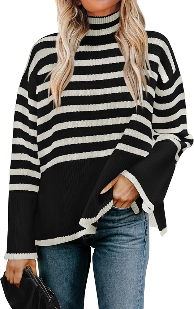 ZESICA Women's 2024 Winter Sweaters Casual Turtleneck Long Sleeve Striped Side Slit Loose Pullove... | Amazon (US)