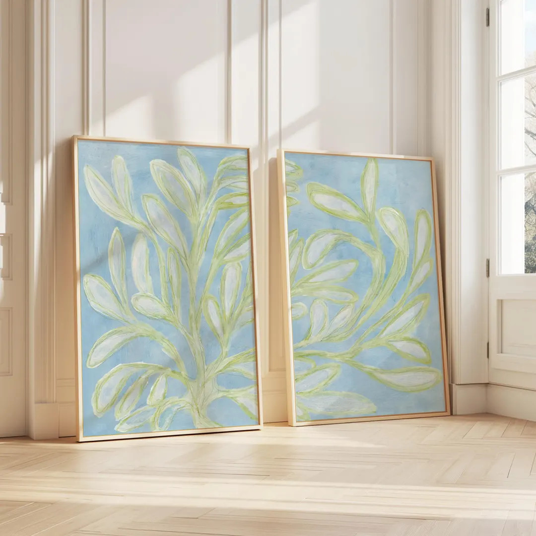 Light Blue and Green Set of 2 Pastel Wall Art, Sage Green Prints Coastal Painting, Botanical Livi... | Etsy (US)