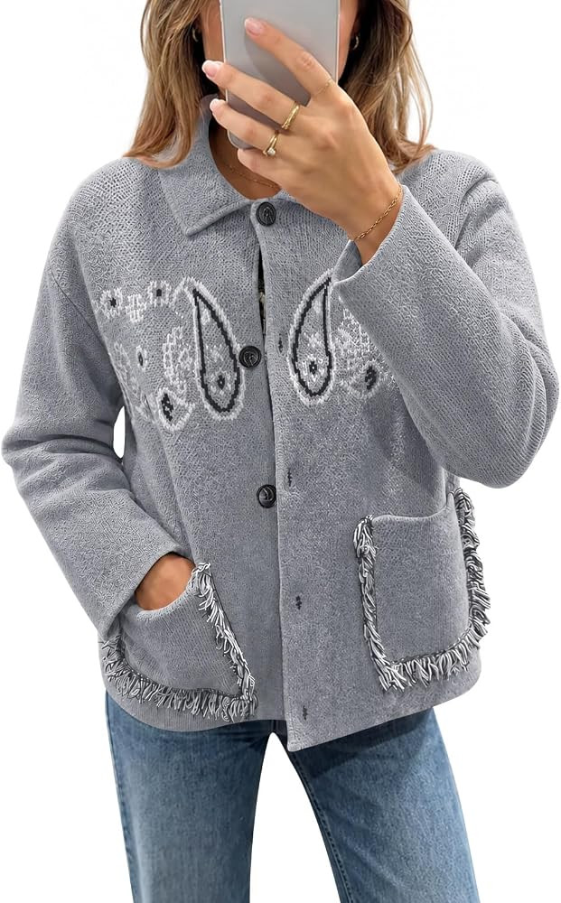 Saodimallsu Womens Boho Cardigan Fringe Paisley Fall Sweater with Pockets | Amazon (US)