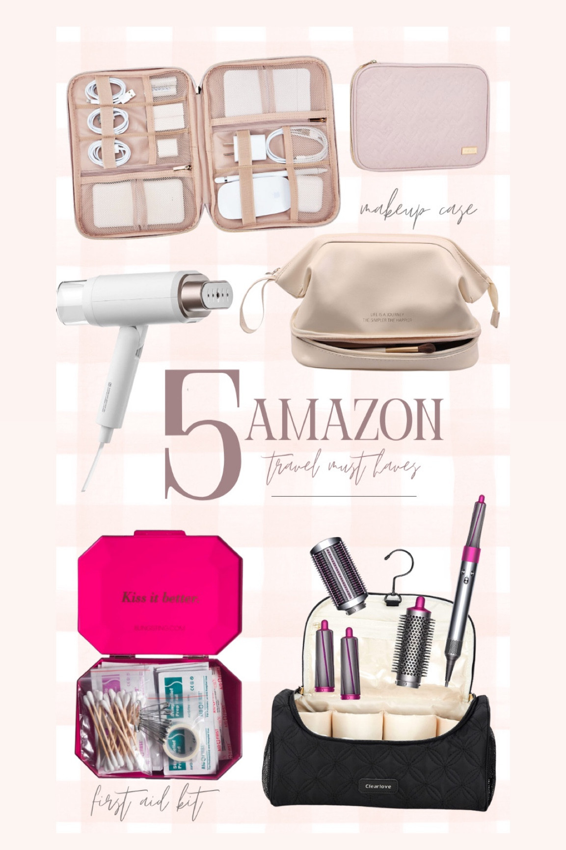 5 Amazon Travel Must haves! 

This makeup case holds so much and even has a brush/tool compartment at the bottom. 

If you have a Dyson airwrap, this case makes traveling with it, a breeze. 

This anti drip portable handheld steamer folds up nice and small and comes with a glove so you don’t burn yourself. 

This charger case holds all your chargers, batteries,hard drives and anything else that requires a tech cord. 

How cute is this first aid kit?  It comes fully stocked and folds up nice! 

Amazon travel. Travel must haves. 

#LTKtravel #LTKunder100 #LTKunder50