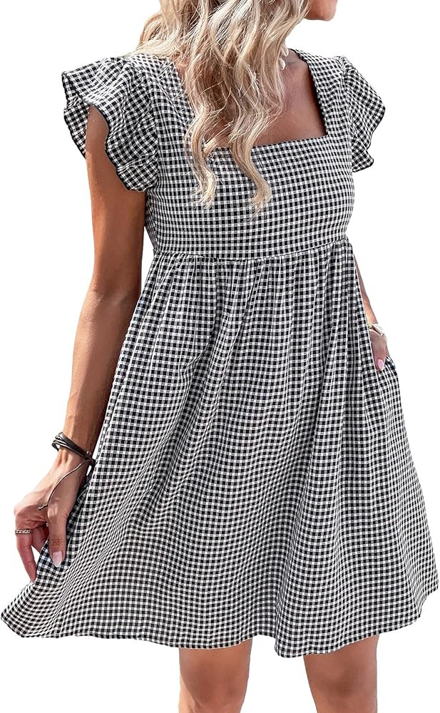 SOLY HUX Women's Plaid Gingham Square Neck Babydoll Smock Dress Ruffle Beach Cap Sleeve Short Dre... | Amazon (US)