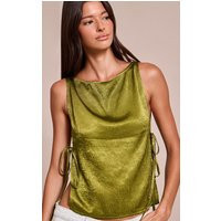 Olive Textured Satin Tie Side Long Top | PrettyLittleThing US