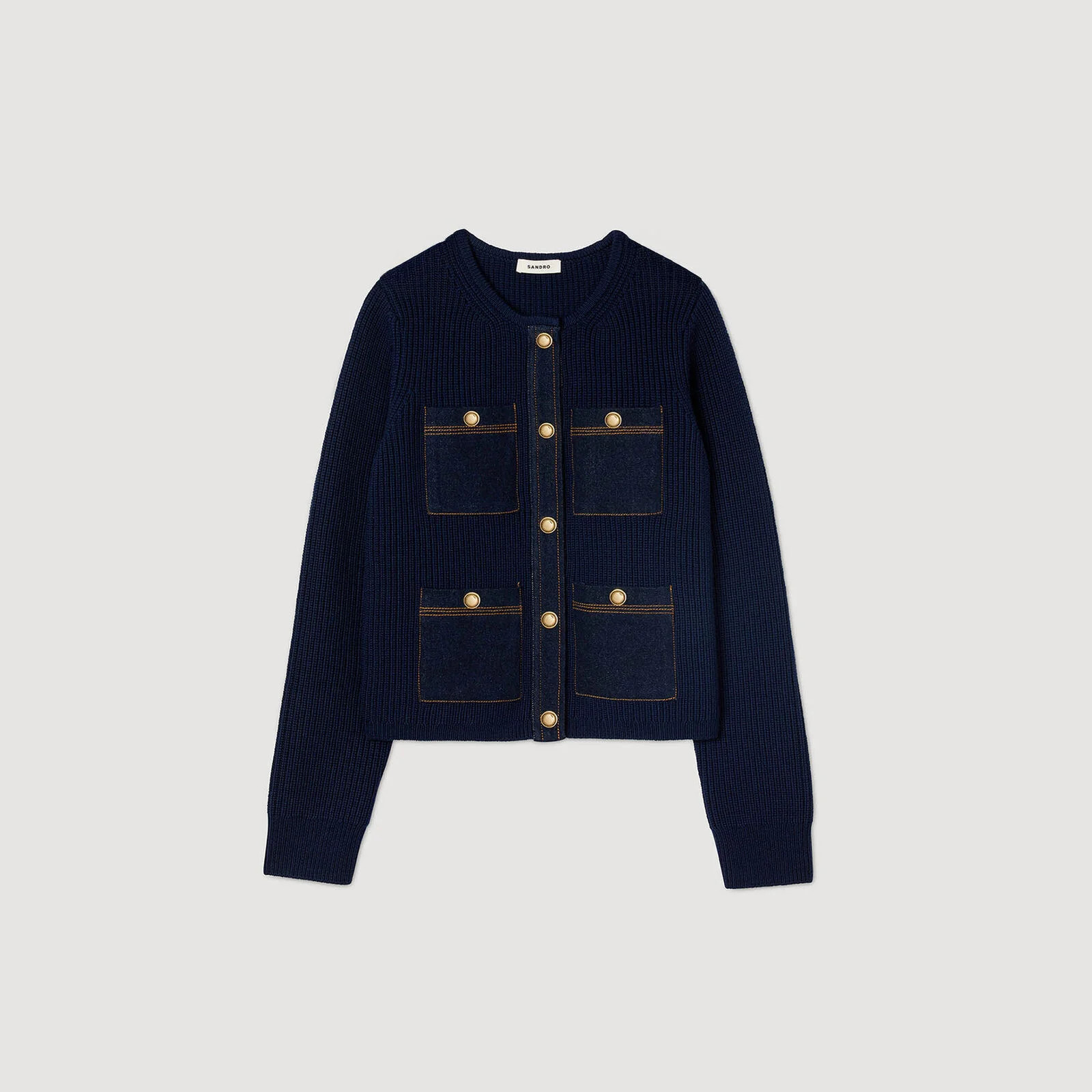 Denim detail rib knit cardigan | Sandro US | Sandro-Paris US