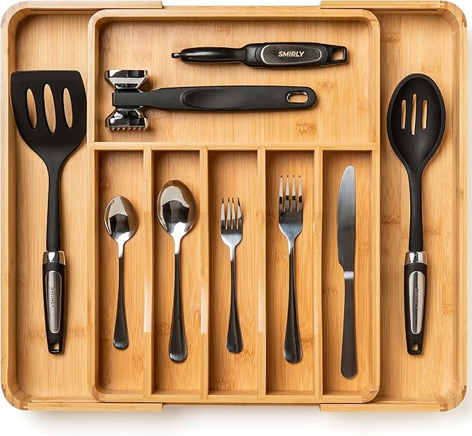 SMIRLY Silverware Organizer, Bamboo Kitchen Drawer Organizer, Kitchen Utensil Organizer for Kitch... | Amazon (US)