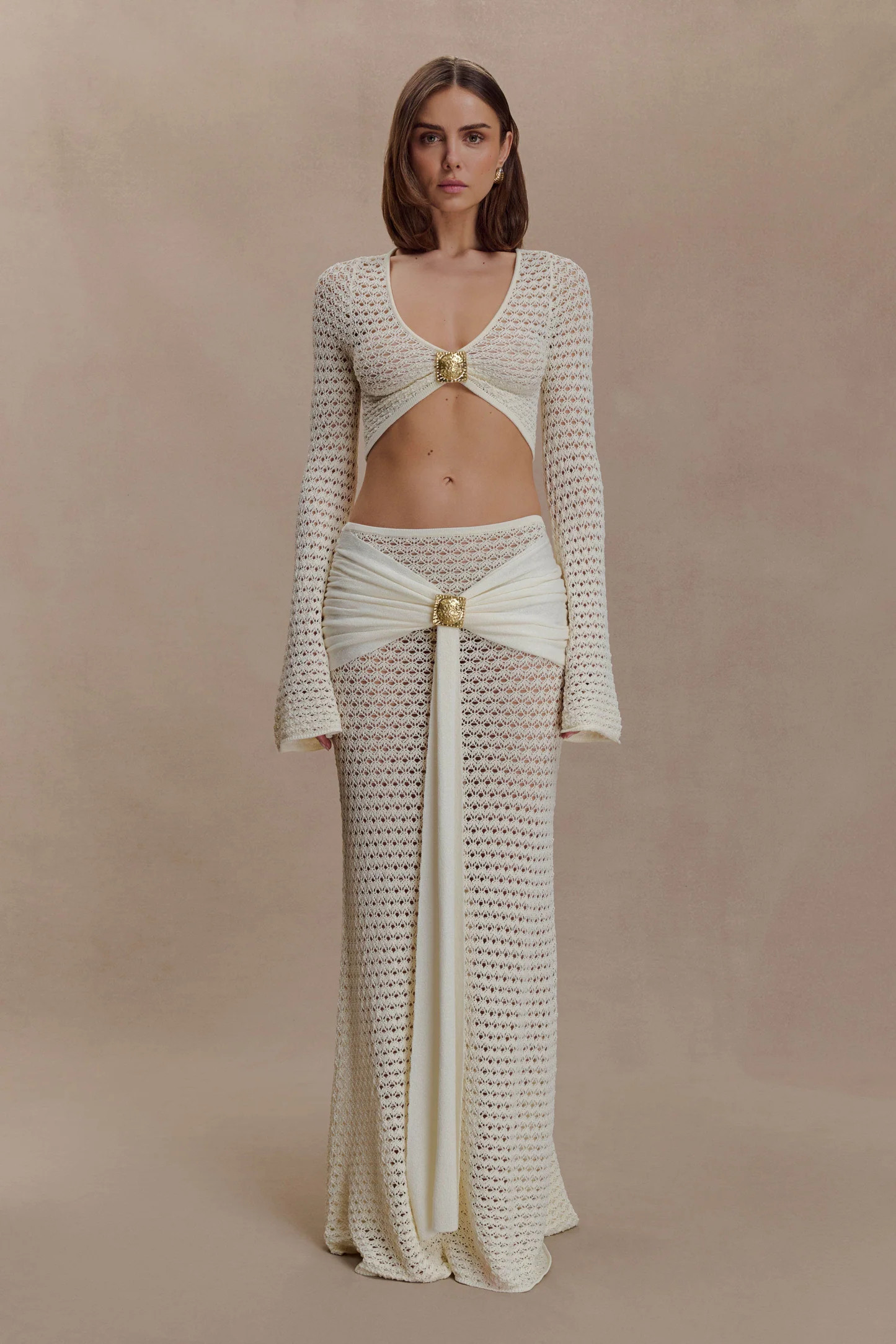 Mania Crochet Maxi Skirt With Hardware - Ivory | MESHKI US